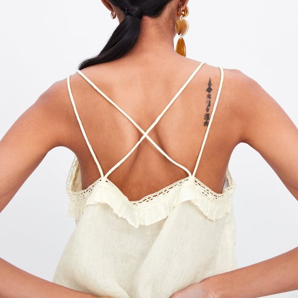 ZARA CRISS CROSS STRAP CROCHET 100% LINEN CAMI BLOUSE $49.90 - Picture 1 of 10